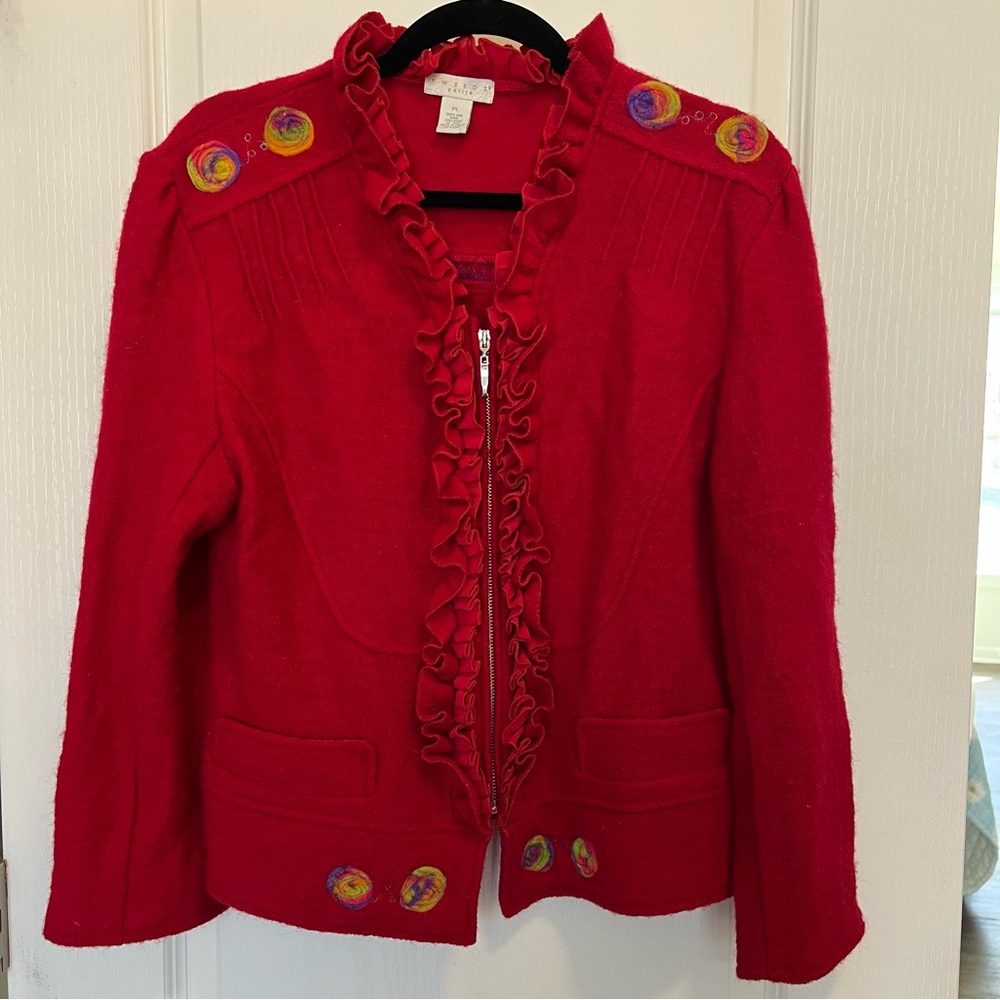 Vintage 90s pure wool ruffle front sweater jacket zip up size petite large 100%